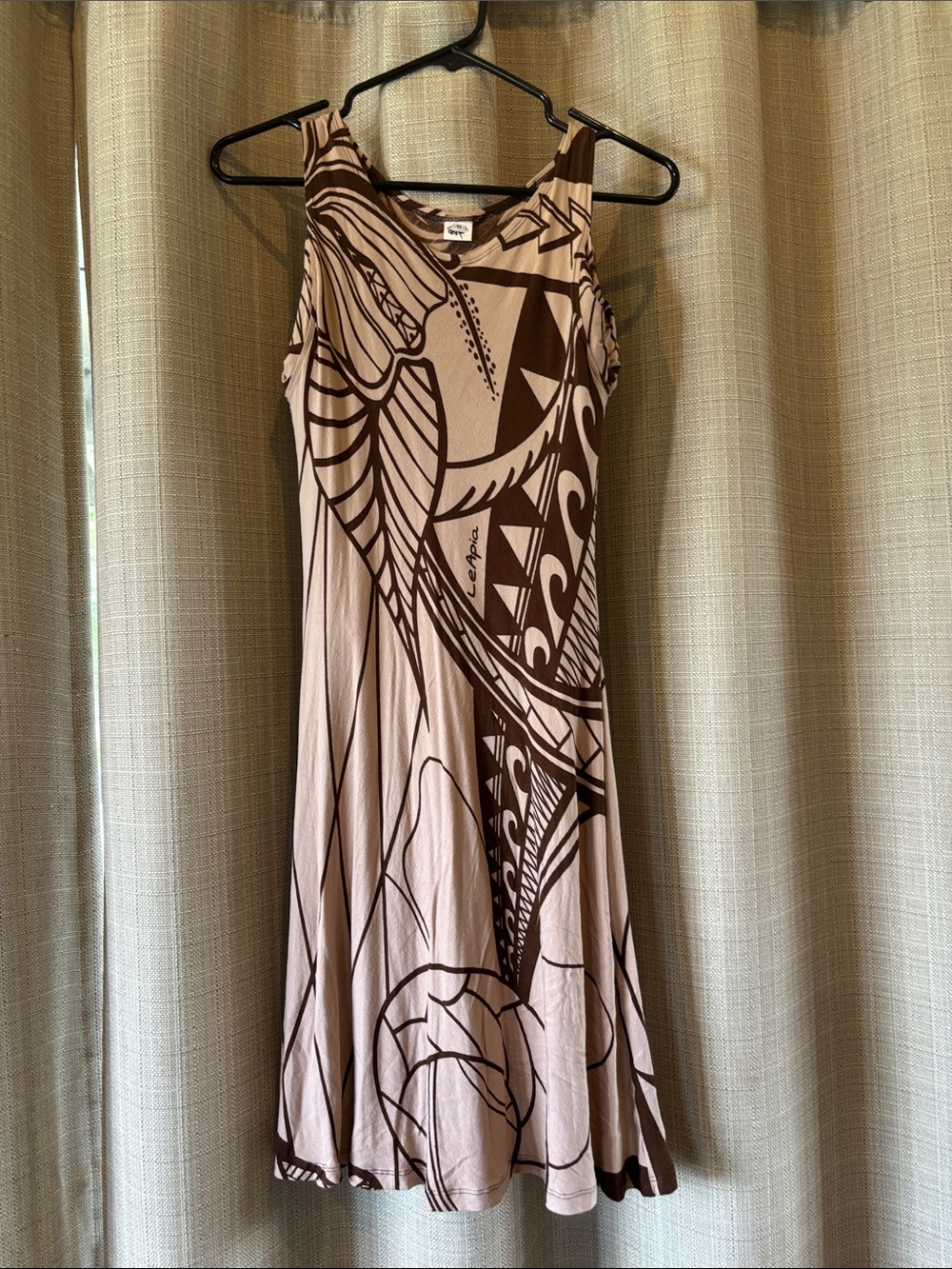 Cold-Shoulder Midi Dress in Beige and Brown Tribal Print - Picture 9 of 10